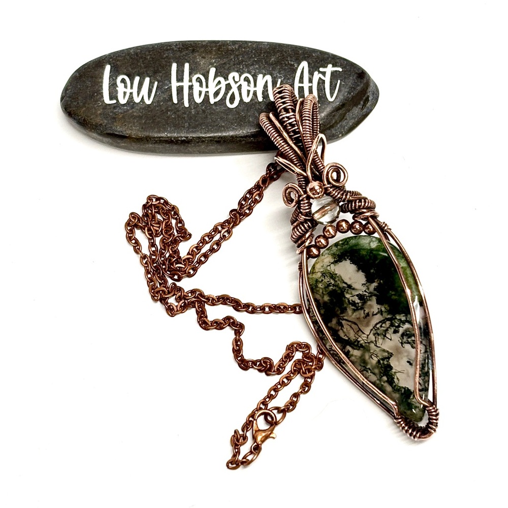 HANDMADE MOSS Agate & Clear Quartz Hand Wrapped Copper Statement Necklace, Gift - Picture 8 of 10